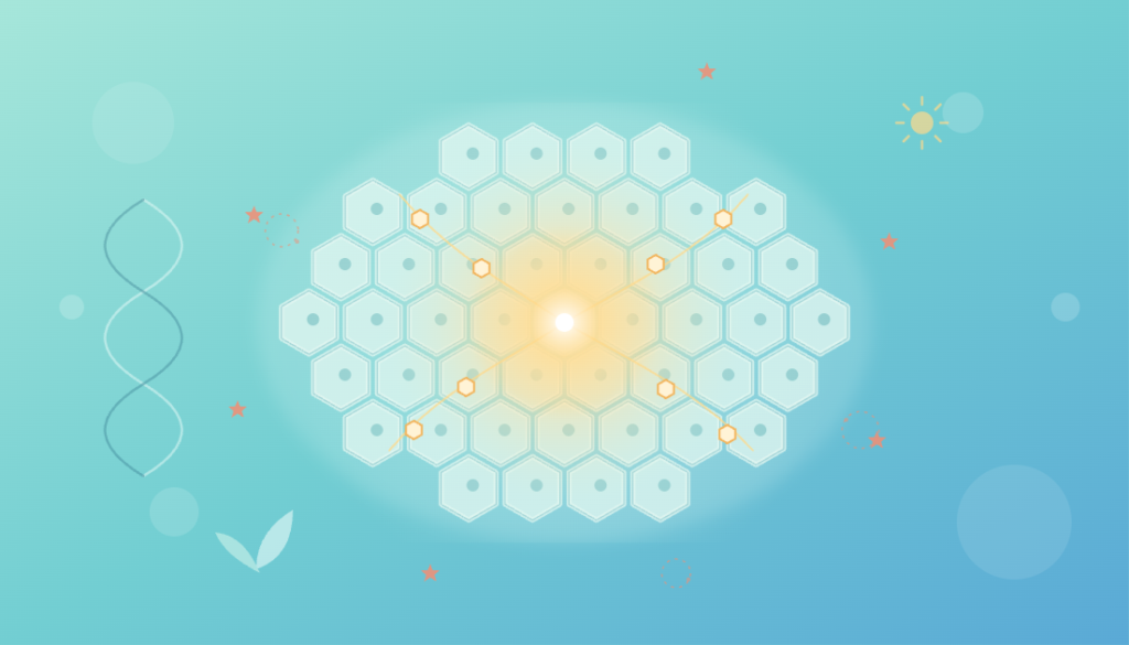 Vector of glowing skin cells against a teal background